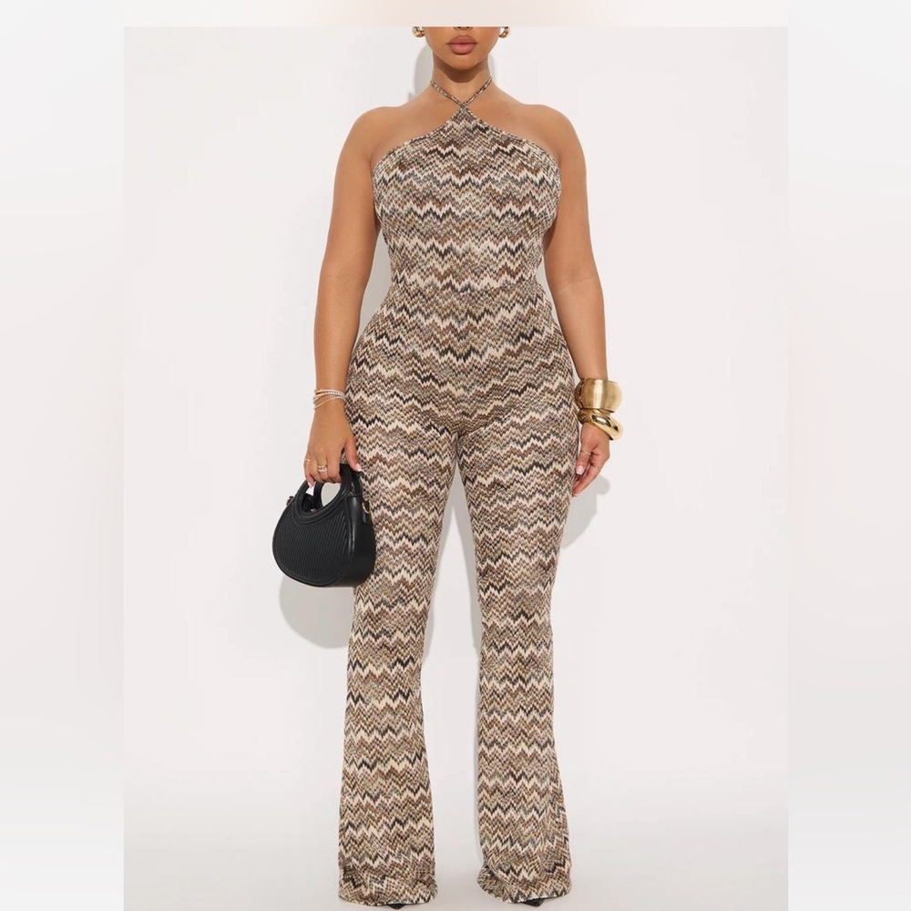 Fashion Nova Brown Zigzag Halter Jumpsuit